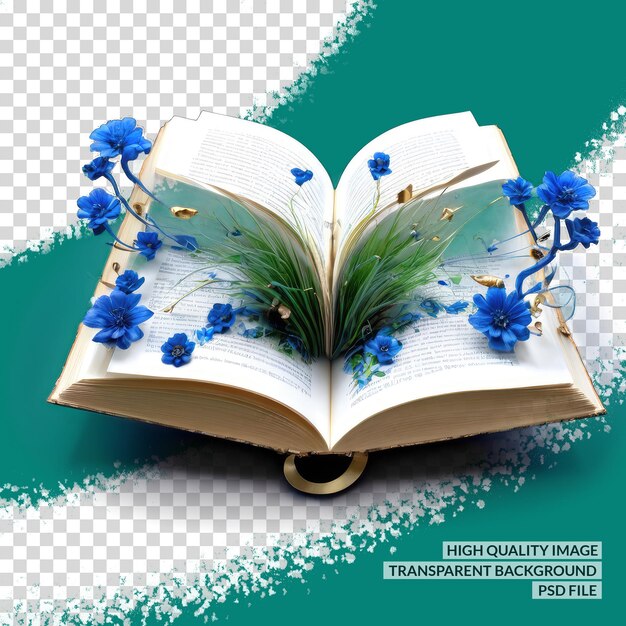 PSD a book with a blue flower on the cover and the title the title on the bottom