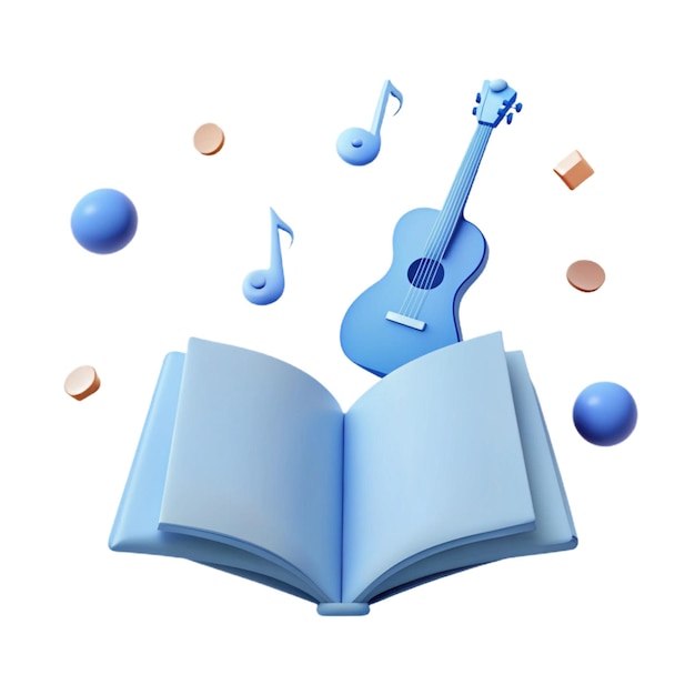 PSD a book with a blue guitar on the top and a blue guitar on the bottom