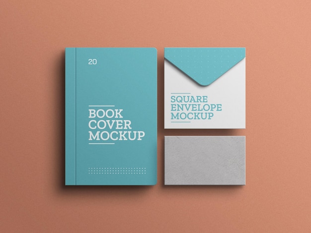 Book with envelope stationery set mockup