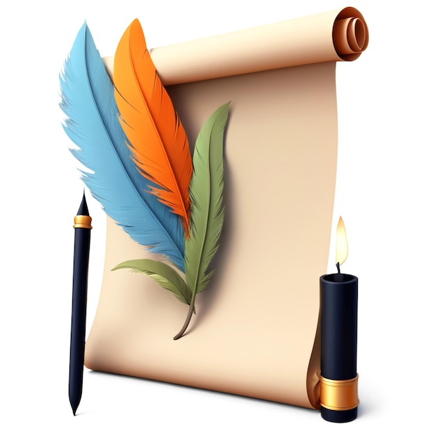 a book with a feather and a pen with a lit candle