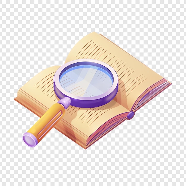 PSD a book with a magnifying glass on a white background