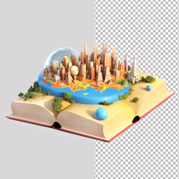 PSD a book with a picture of a city on it and a globe on the top