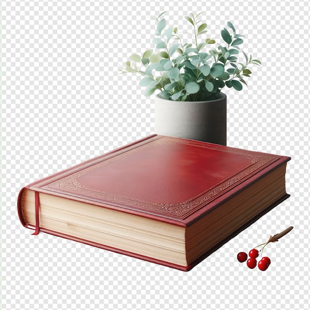 A book with a plant on it and a plant on the top