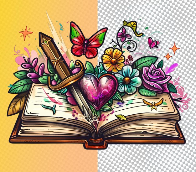 PSD a book with a sword and flowers on it