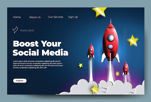 Boost social media landing page with 3d rocket