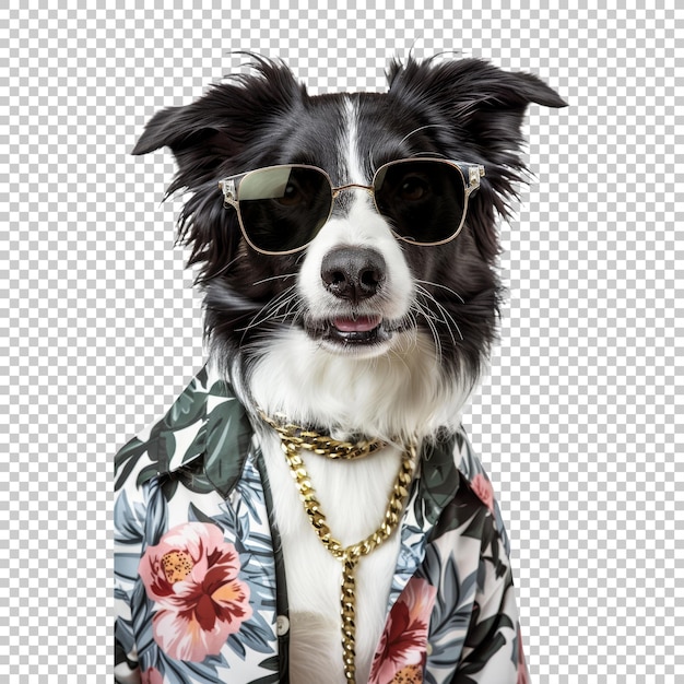 PSD border collie dog with sunglasses and floral shirt isolated on transparent background