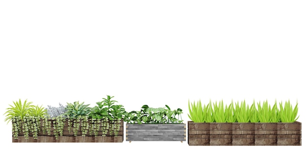 A border of wooden boxes with a green planter in the middle.