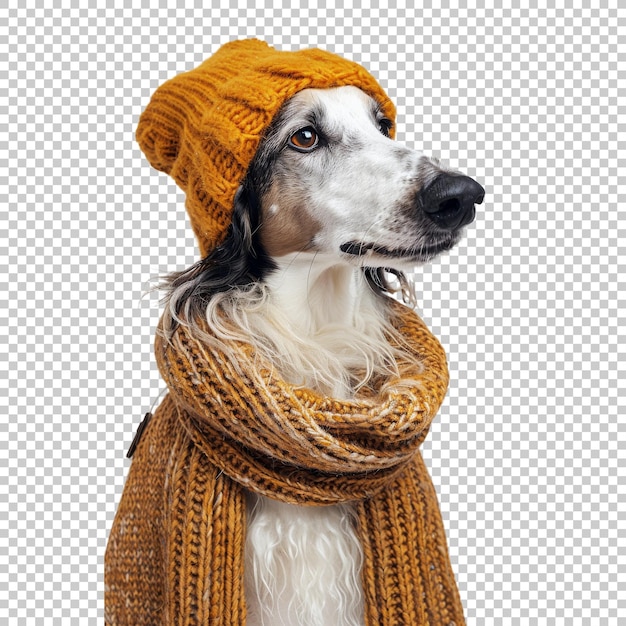 Borzoi dog with mustard yellow winter hat and scarf isolated on transparent background