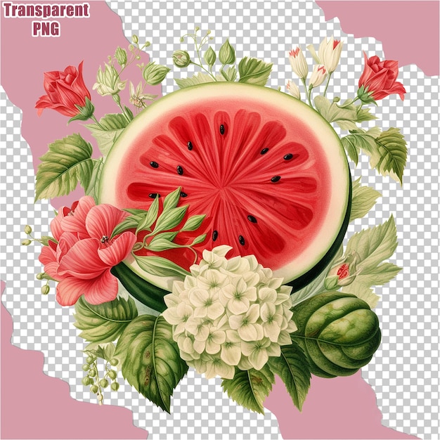 PSD botanical fresh fruit and flowers on the bouquet illustration