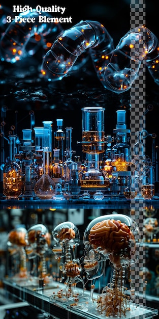 PSD a bottle of brain is surrounded by a glass and a bottle of liquid