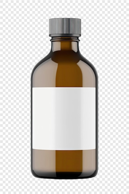 a bottle of brown liquid sits on a transparent background