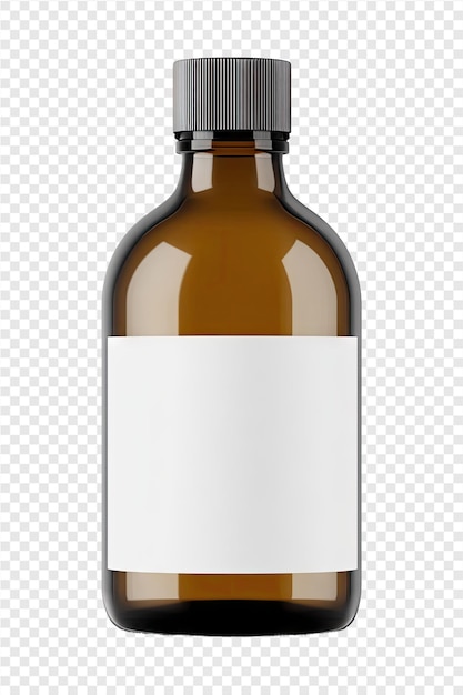 a bottle of brown liquid with a white label on a transparent background