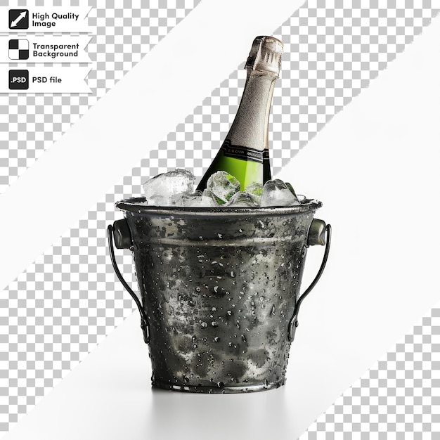 a bottle of champagne is in a bucket with an advertisement for a bottle of champagne