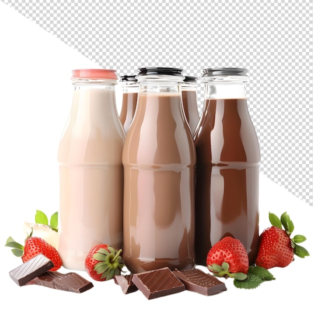 a bottle of chocolate milk and strawberries with a white background