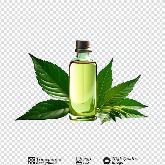 a bottle of essential oil with a green leaf next to it isolated on transparent background