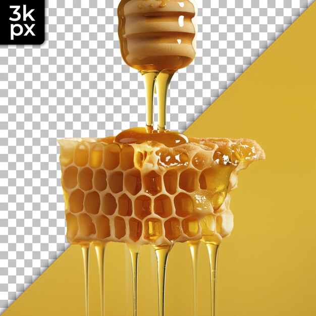 a bottle of honey with a yellow background and a black and white image of a honeycomb