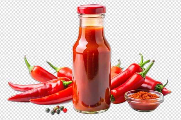 a bottle of hot sauce with a bottle of hot sauce and a glass of red pepper