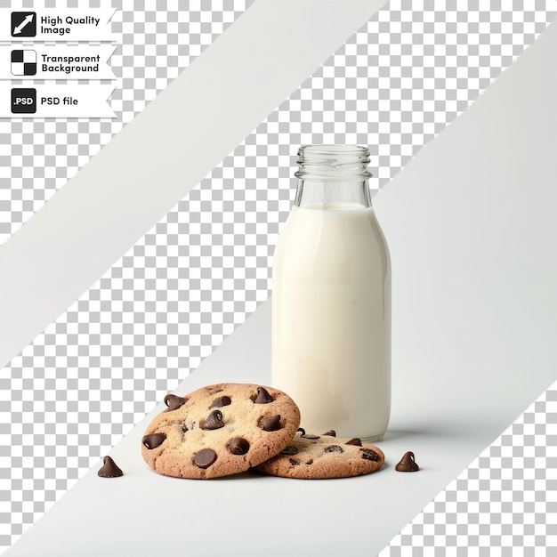 a bottle of milk and a chocolate chip cookie with a glass bottle of milk