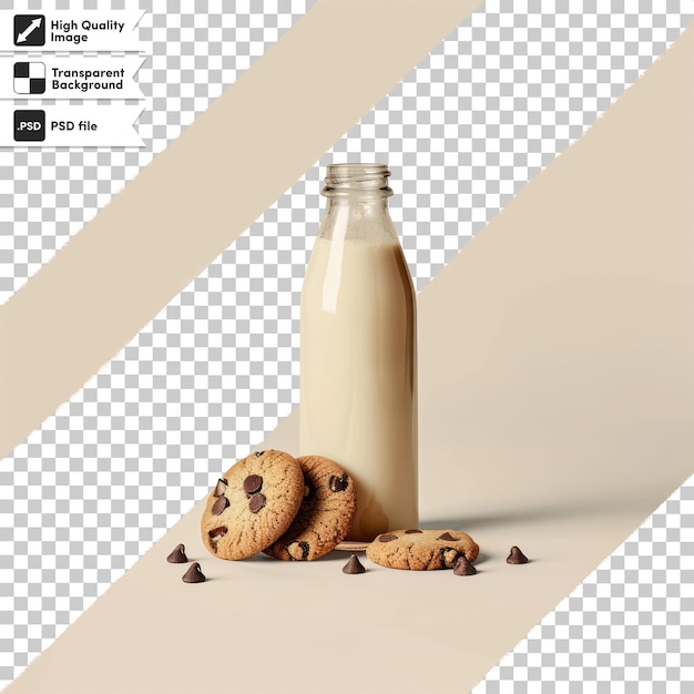 a bottle of milk with cookies in the background and a bottle of milk with a picture of a cookie