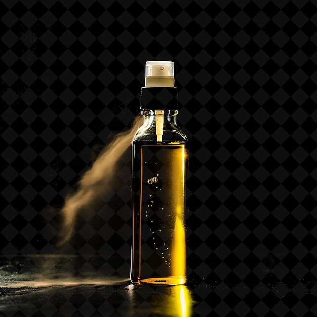 PSD a bottle of oil is on a table with a black background