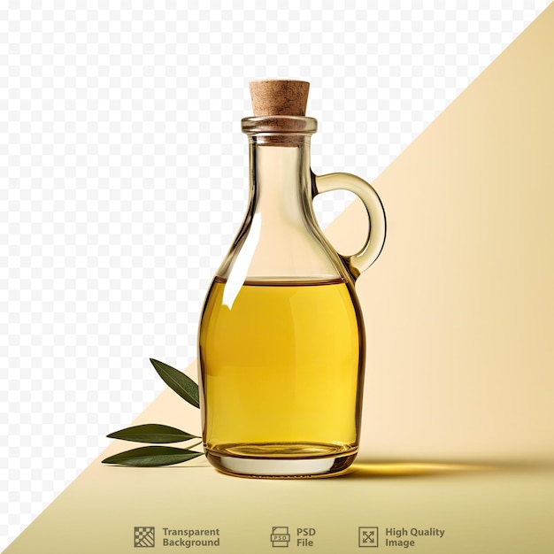 a bottle of olive oil sits next to a leaf.