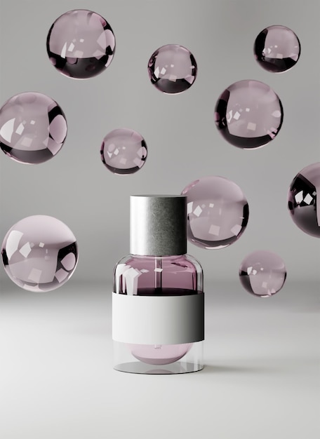 A bottle of perfume fragrance with a bottle of pink liquid Mockup Perfume PSD 3d render