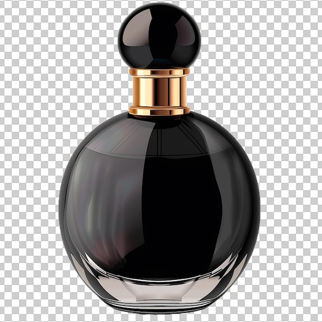 A bottle of perfume sits on a transparent surface