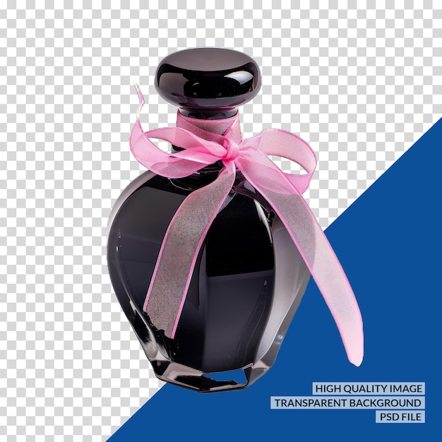 PSD a bottle of perfume with a pink ribbon around the top