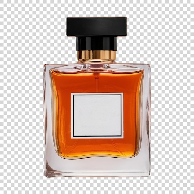 A bottle of perfume with a white label on transparent background