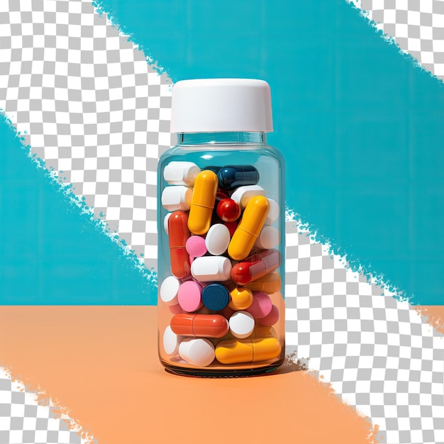 a bottle of pills with a white cap on it and a blue background with a white top.