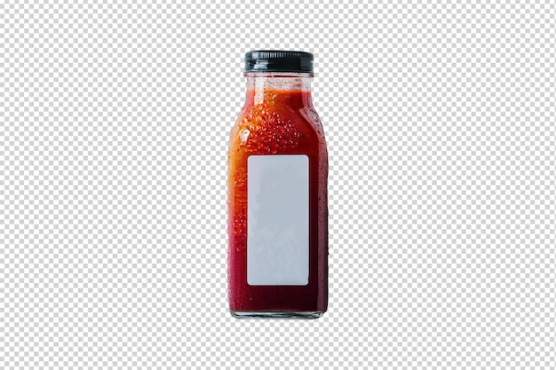 PSD a bottle of red sauce with a white label on it