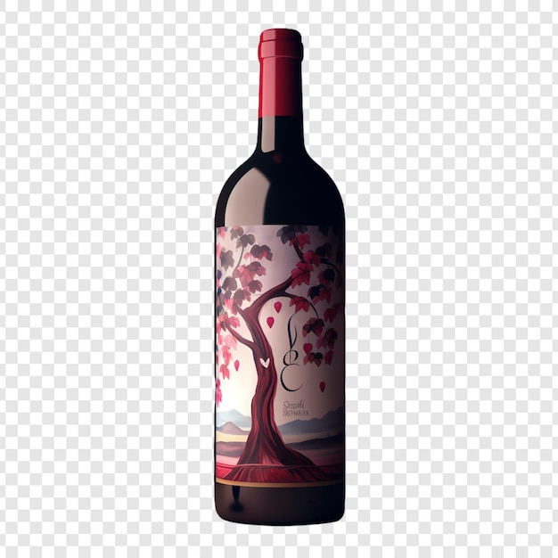 PSD a bottle of red wine with a tree on it