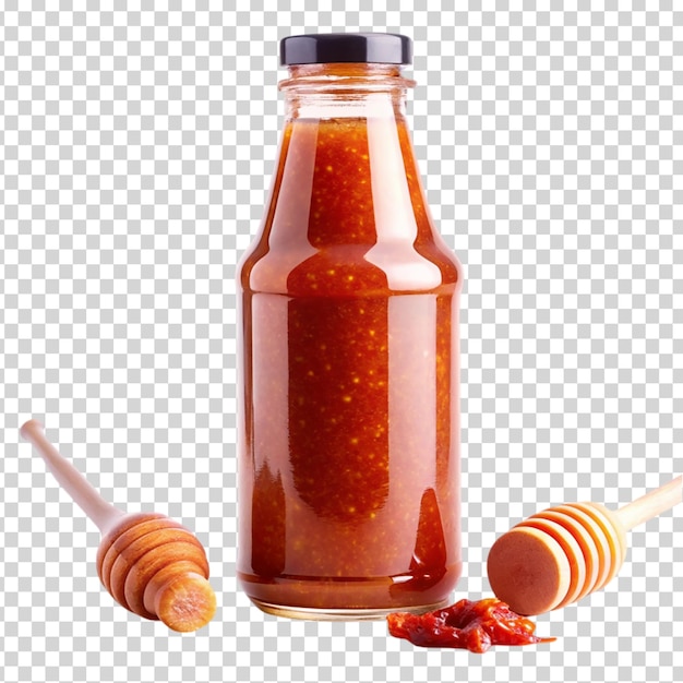 A bottle of sauce with a wooden spoon on transparent background