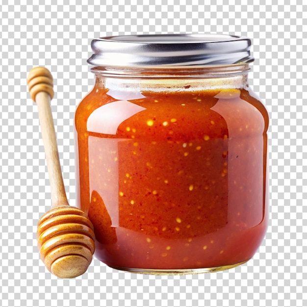 A bottle of sauce with a wooden spoon on transparent background