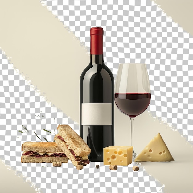 PSD a bottle of wine and a glass of wine with cheese and crackers