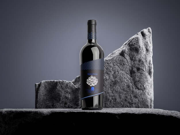 PSD a bottle of wine with a blue label mockup