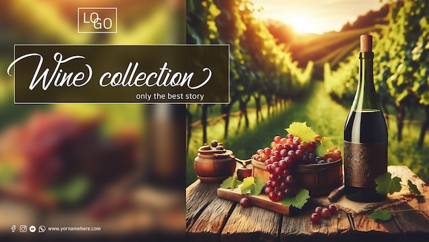 A bottle with a glass of red wine against the backdrop of vineyards at sunset Advertisement