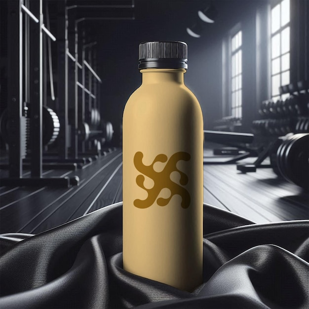 a bottle with a letter s on it sits in a gym