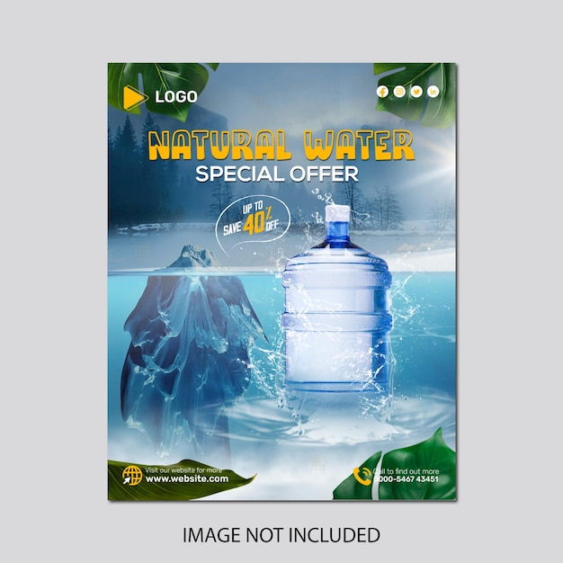 Bottled water advertising composition with natural water social media banner post template