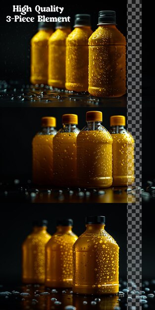 PSD bottles of orange liquid are lined up on a shelf