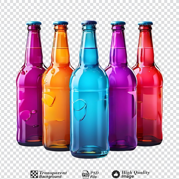 bottles with colorful drinks and blank labels mockup isolated on transparent background