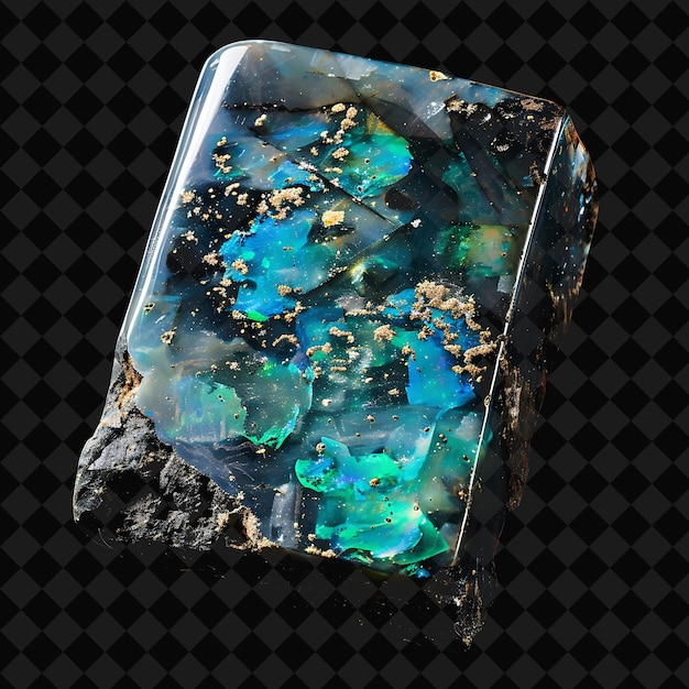 PSD boulder opal crystal with rectangular cabochon cut in blue g png neon object on dark background