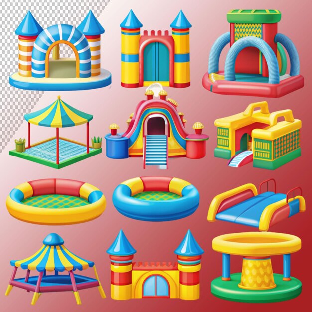 bounce house icons for kids summer games on playground on transparent background