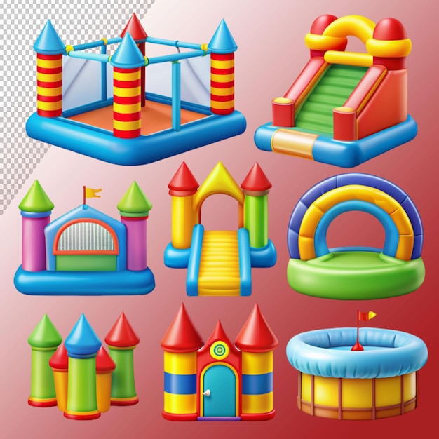 PSD bounce house icons for kids summer games on playground on transparent background