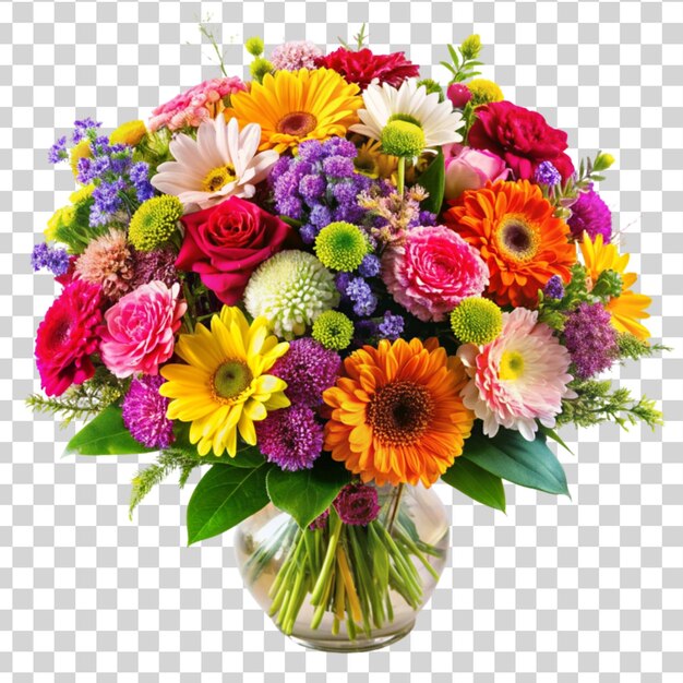 A bouquet of assorted colorful flowers arranged neatly isolated on Transparent background