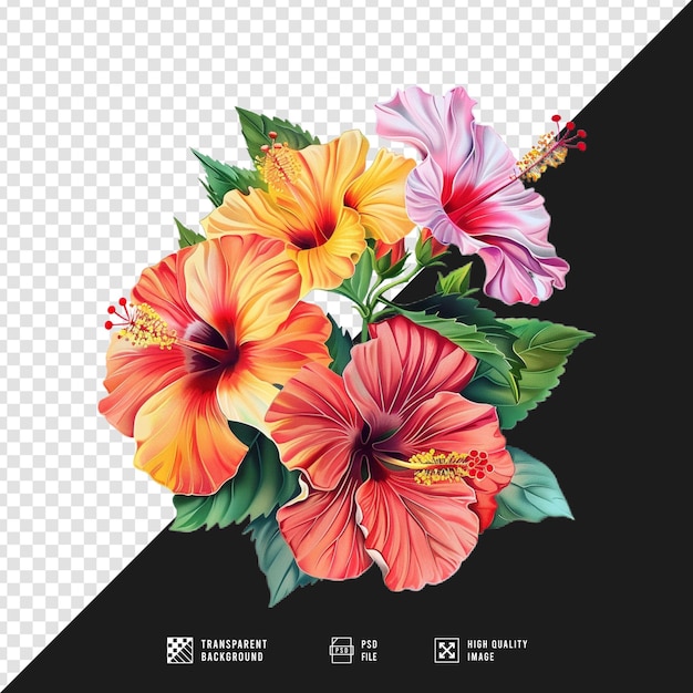 A bouquet of colorful hibiscus flowers on a transparent background