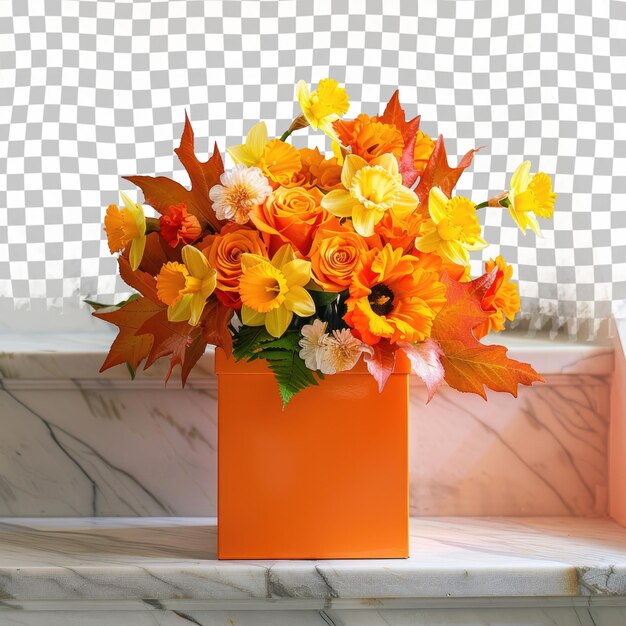 PSD a bouquet of flowers on a marble counter with a checkered pattern in the background