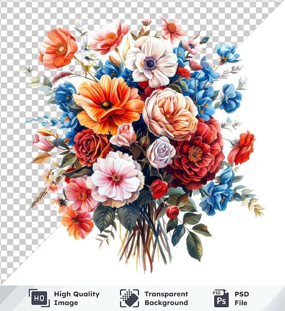 Bouquet of flowers in watercolor transparent object on isolated background