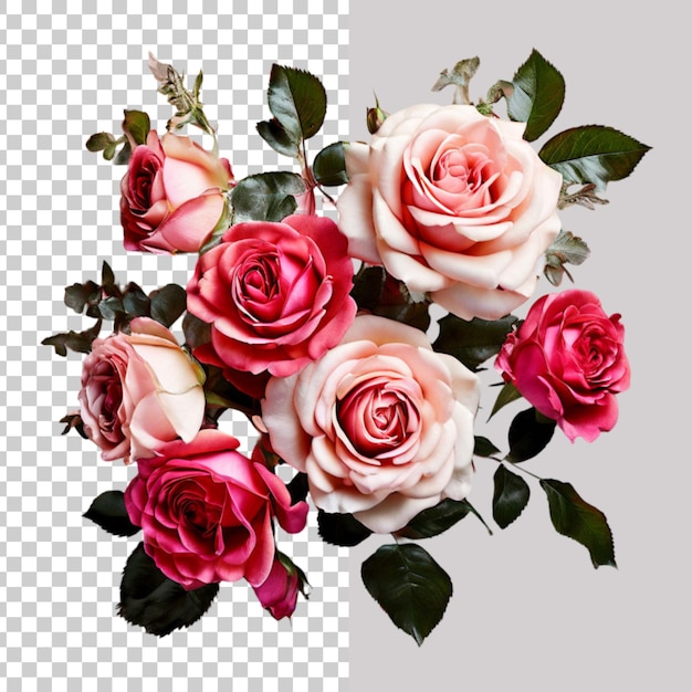 bouquet of pink roses with green leaves on a transparent background