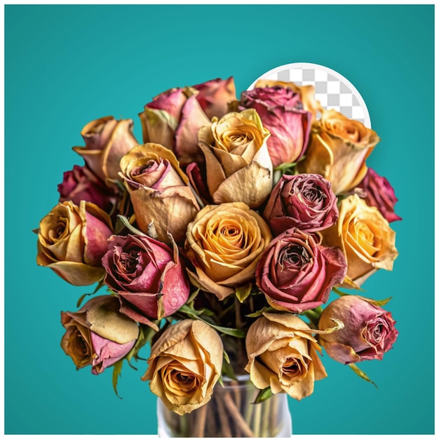 PSD bouquet of red roses in female hands on a white background top view